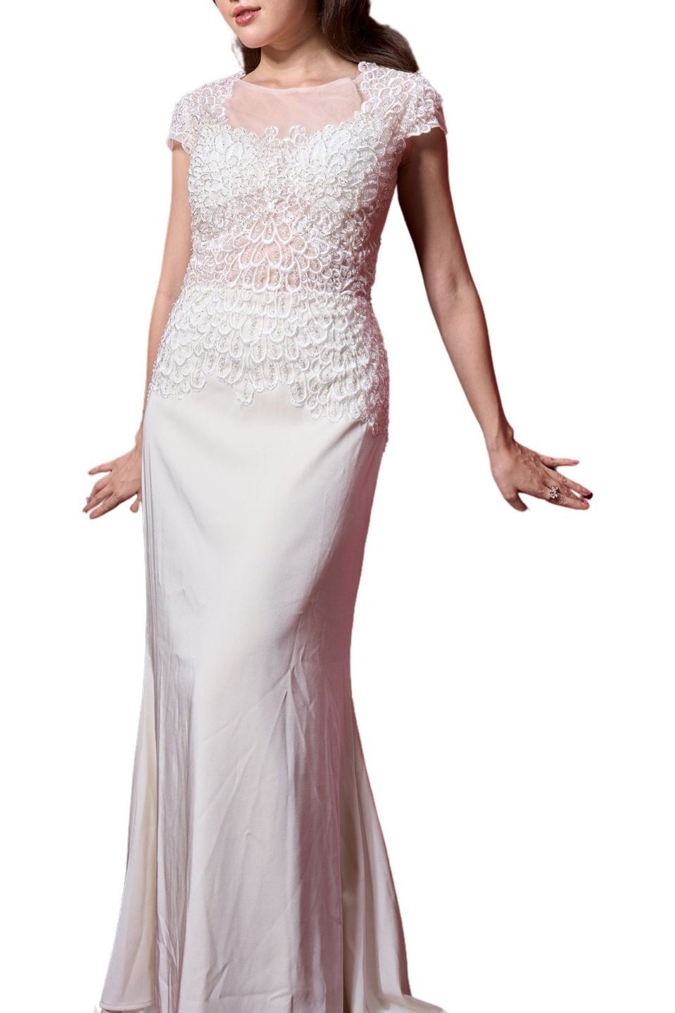 Glitter Capped Sleeve Off White Gown