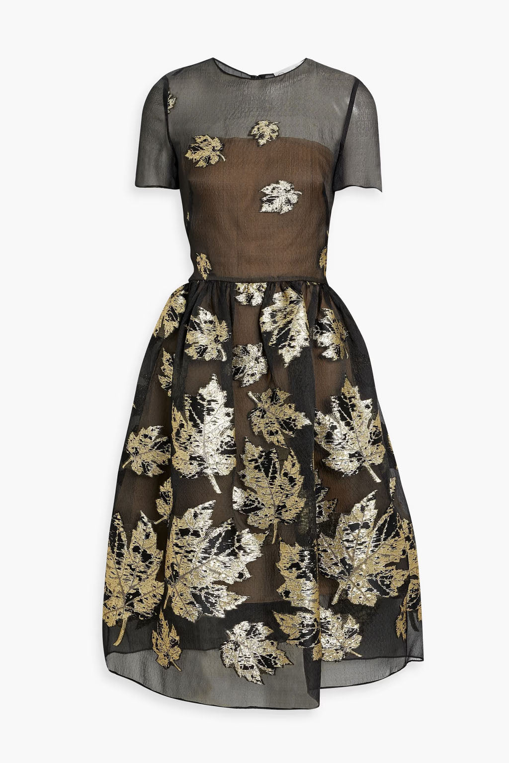 Metallic Leaf Jacquard Tulle A-line Dress In Black Gold