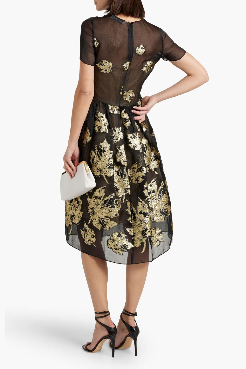 Metallic Leaf Jacquard Tulle A-line Dress In Black Gold