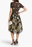 Metallic Leaf Jacquard Tulle A-line Dress In Black Gold