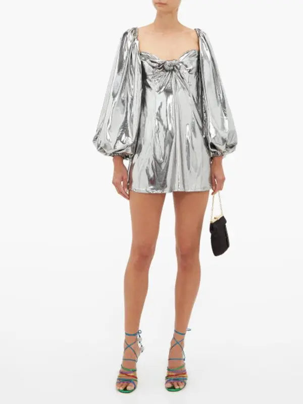 silver balloon sleeve dress Mittoshop Metallic Organza Fabric Balloon Sleeve Mini Dress