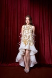Gold White Feather Asymmetrical Gown