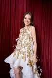 Gold White Feather Asymmetrical Gown