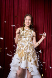 Gold White Feather Asymmetrical Gown