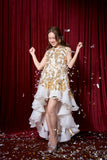 Gold White Feather Asymmetrical Gown