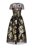 Metallic Leaf Jacquard Tulle A-line Dress In Black Gold